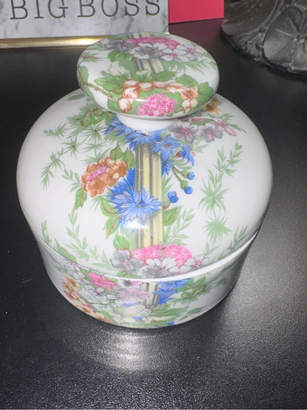 Trinket dish is 4.25" wide X 4" high.